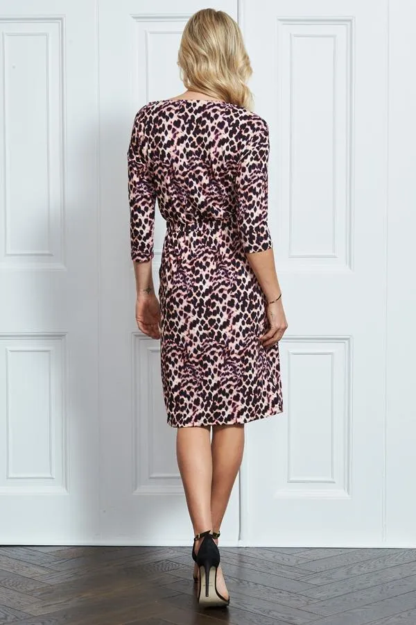 Sosandar Dresses Women Pink and Black Animal Print Stretch Waist Dress With Pockets Pink Black