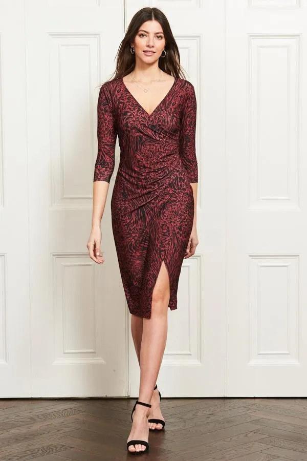 Sosandar Dresses Women Red and Black Animal Print Stretch Wrap Front Dress Red Black Sosandar Dresses Women Red and Black Animal Print Stretch Wrap Front Dress Red Black