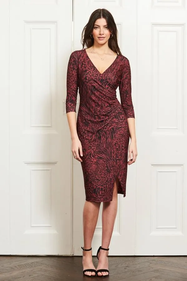 Sosandar Dresses Women Red and Black Animal Print Stretch Wrap Front Dress Red Black