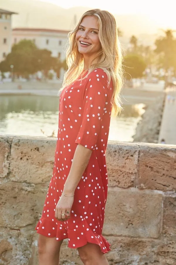 Sosandar Dresses Women Red and White Spot Print Ruffle Hem Shift Dress Red White