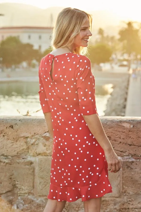 Sosandar Dresses Women Red and White Spot Print Ruffle Hem Shift Dress Red White