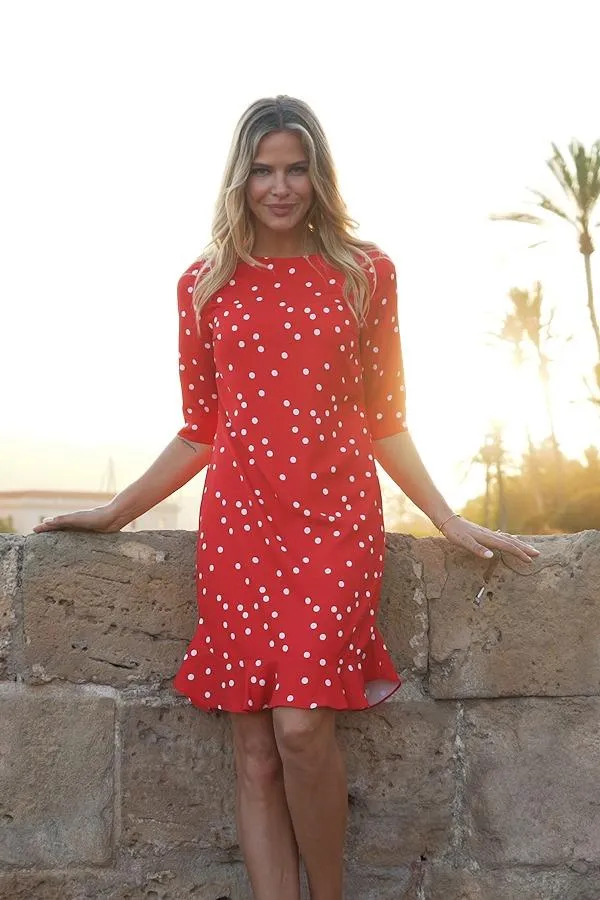 Sosandar Dresses Women Red and White Spot Print Ruffle Hem Shift Dress Red White