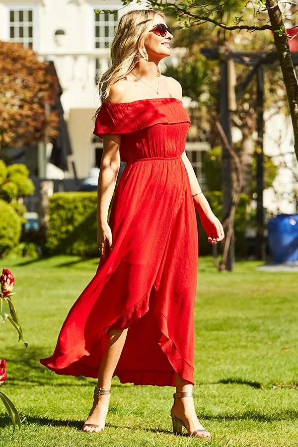 Sosandar Dresses Women Red Ruffle Detail Side Split Bardot Dress Red