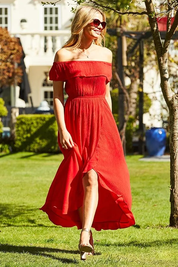 Sosandar Dresses Women Red Ruffle Detail Side Split Bardot Dress Red
