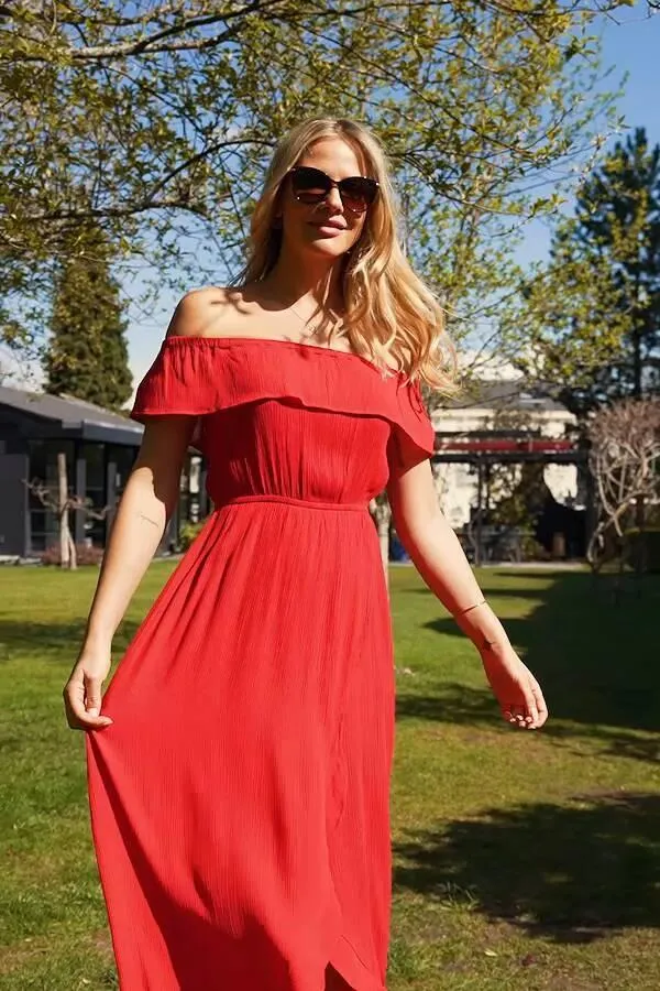 Sosandar Dresses Women Red Ruffle Detail Side Split Bardot Dress Red
