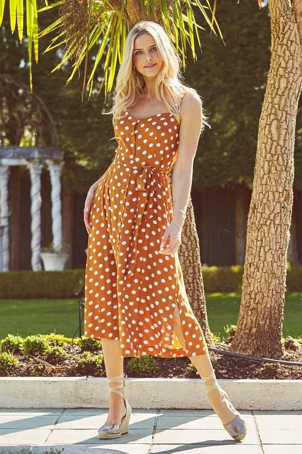 Sosandar Dresses Women Tan and White Polka Dot Button Front Midi Dress Tan White Sosandar Dresses Women Tan and White Polka Dot Button Front Midi Dress Tan White
