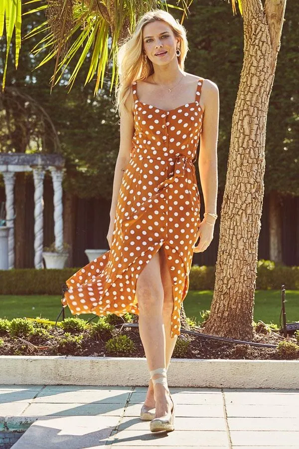 Sosandar Dresses Women Tan and White Polka Dot Button Front Midi Dress Tan White