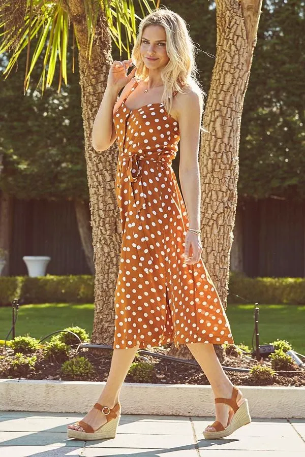 Sosandar Dresses Women Tan and White Polka Dot Button Front Midi Dress Tan White