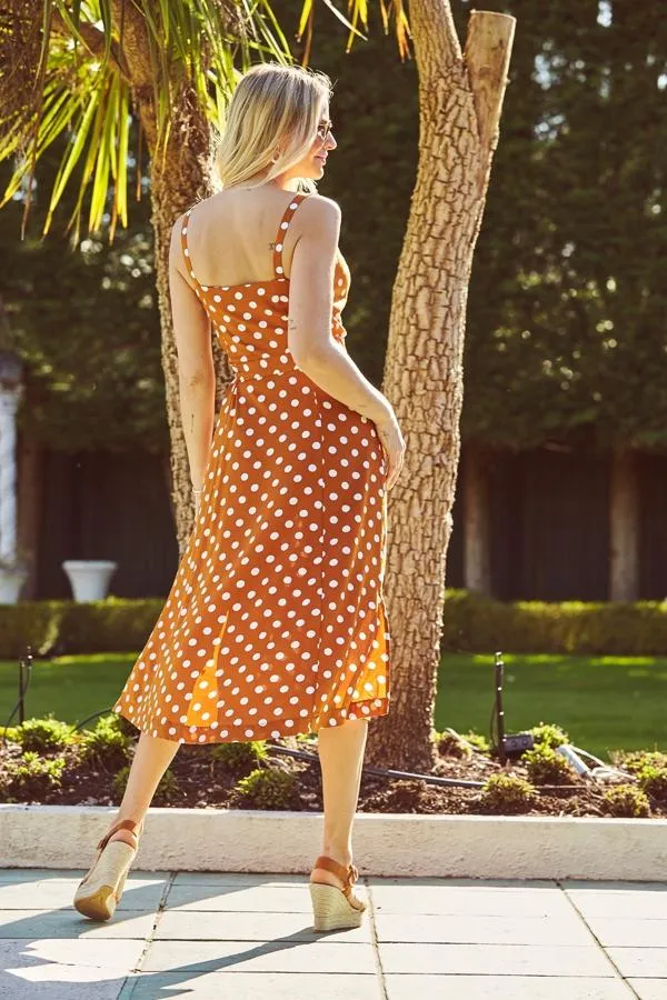 Sosandar Dresses Women Tan and White Polka Dot Button Front Midi Dress Tan White