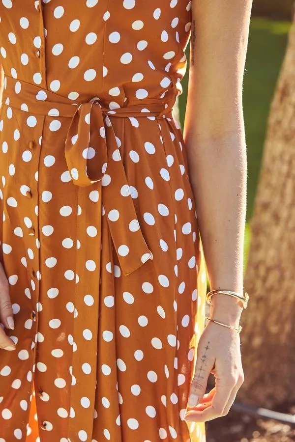 Sosandar Dresses Women Tan and White Polka Dot Button Front Midi Dress Tan White