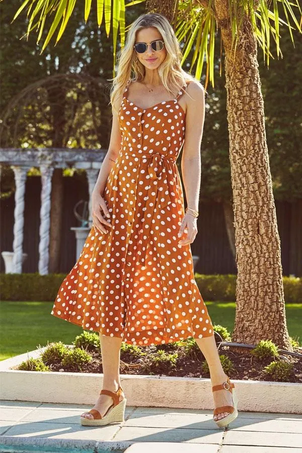 Sosandar Dresses Women Tan and White Polka Dot Button Front Midi Dress Tan White