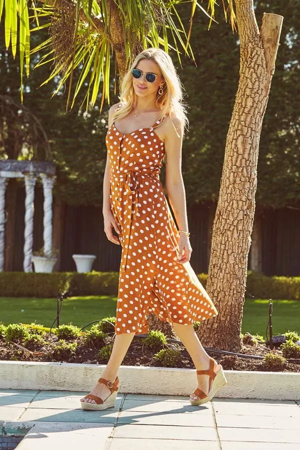 Sosandar Dresses Women Tan and White Polka Dot Button Front Midi Dress Tan White