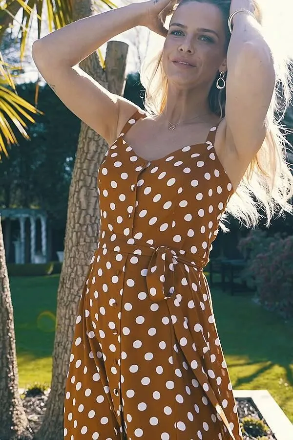 Sosandar Dresses Women Tan and White Polka Dot Button Front Midi Dress Tan White