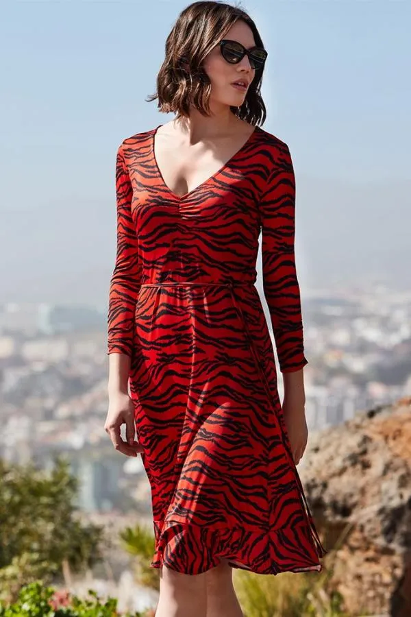 Sosandar Dresses Women Tiger Print Slinky Midi Dress