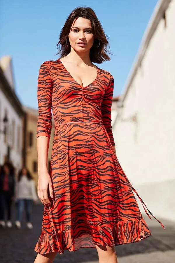 Sosandar Dresses Women Tiger Print Slinky Midi Dress