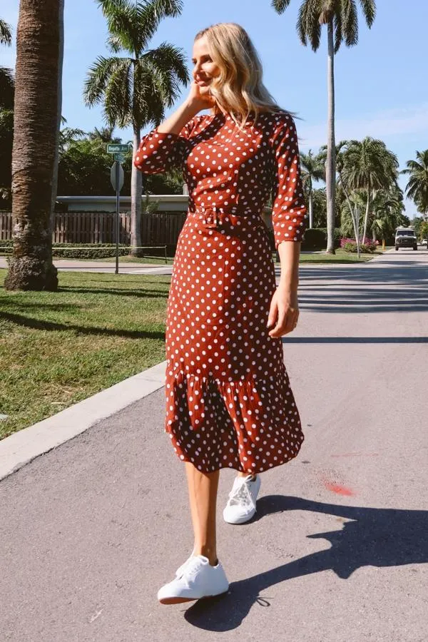 Sosandar Dresses Women Tuscan Red Polka Dot Belted Tiered Midi Dress