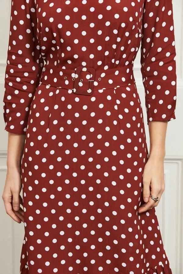 Sosandar Dresses Women Tuscan Red Polka Dot Belted Tiered Midi Dress