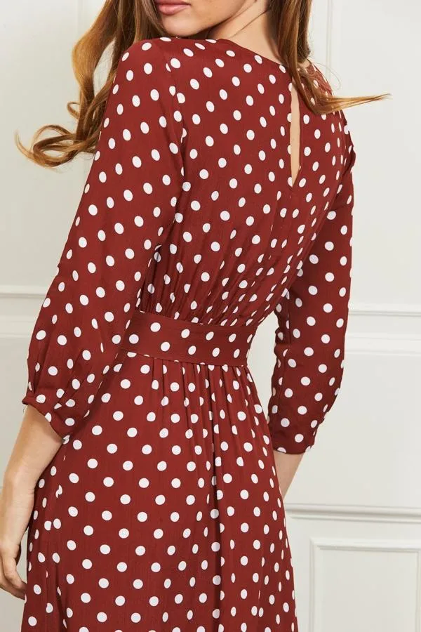 Sosandar Dresses Women Tuscan Red Polka Dot Belted Tiered Midi Dress