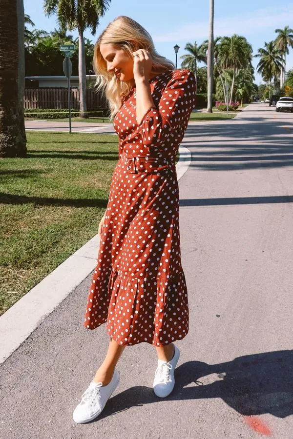 Sosandar Dresses Women Tuscan Red Polka Dot Belted Tiered Midi Dress