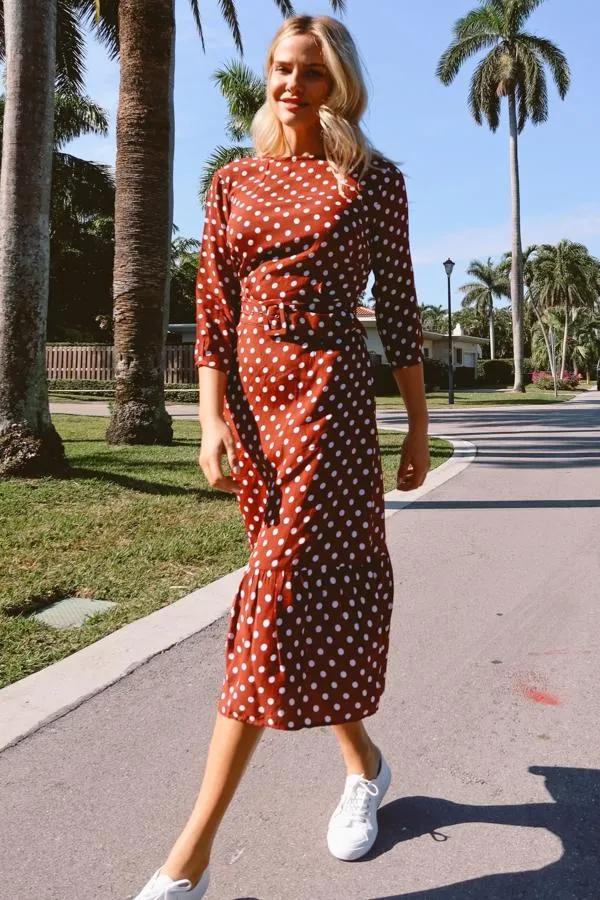 Sosandar Dresses Women Tuscan Red Polka Dot Belted Tiered Midi Dress
