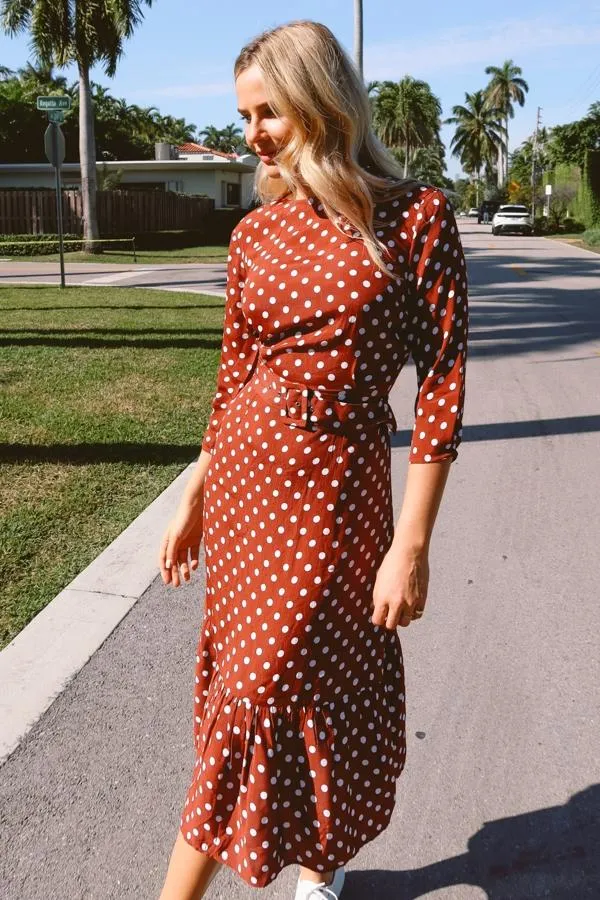 Sosandar Dresses Women Tuscan Red Polka Dot Belted Tiered Midi Dress