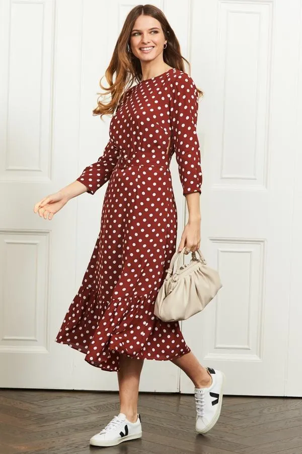 Sosandar Dresses Women Tuscan Red Polka Dot Belted Tiered Midi Dress