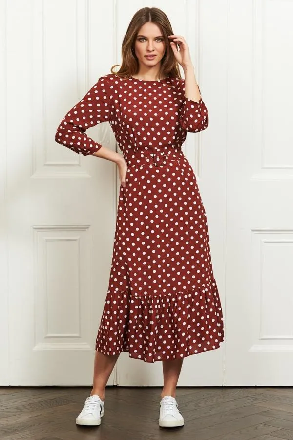 Sosandar Dresses Women Tuscan Red Polka Dot Belted Tiered Midi Dress