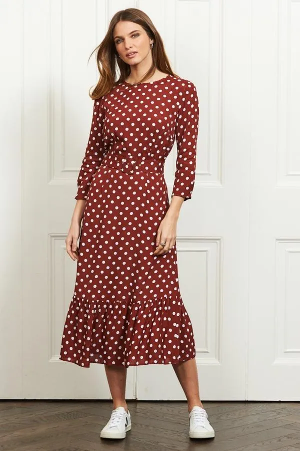 Sosandar Dresses Women Tuscan Red Polka Dot Belted Tiered Midi Dress