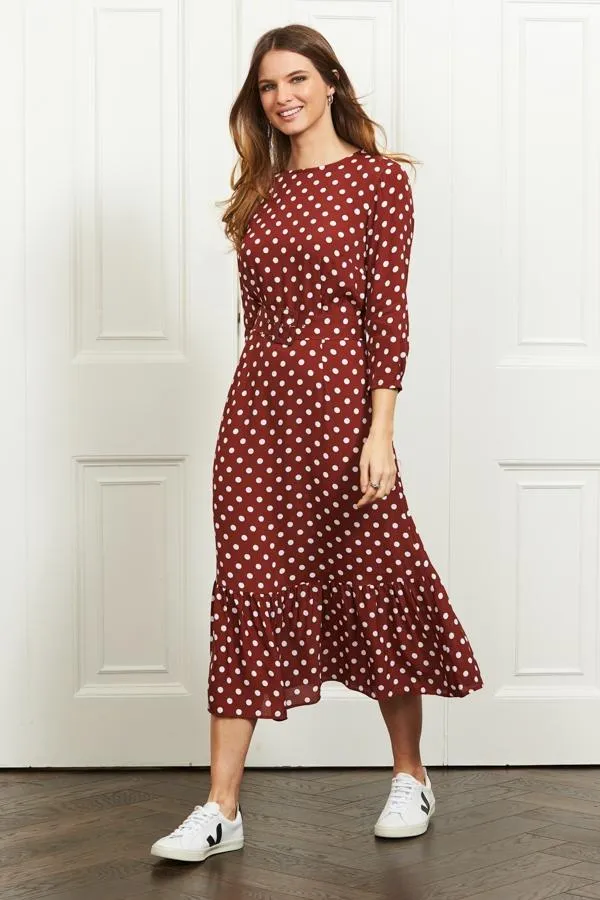Sosandar Dresses Women Tuscan Red Polka Dot Belted Tiered Midi Dress