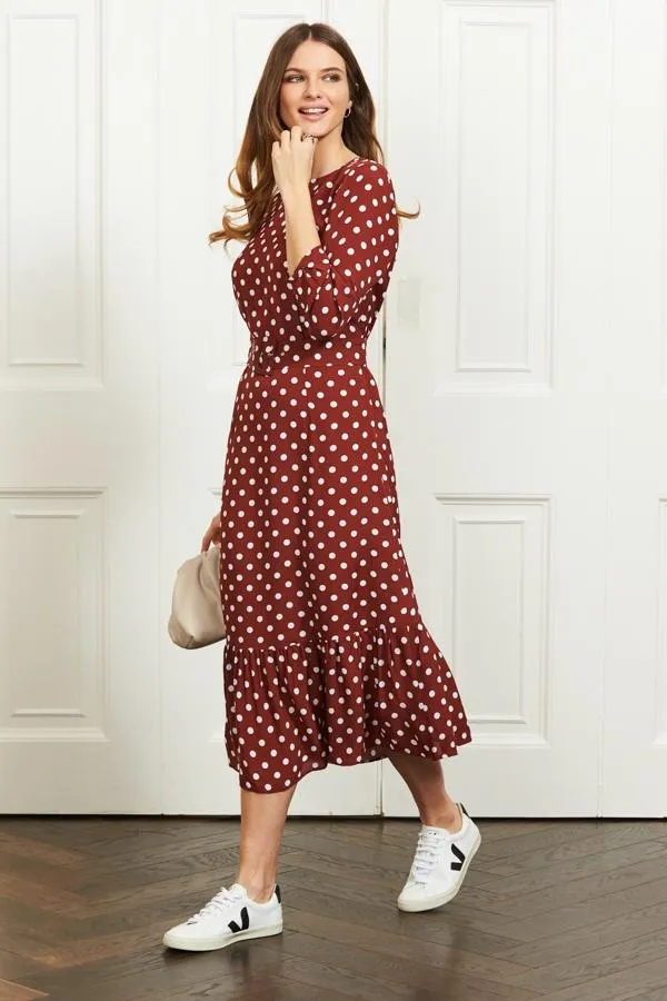 Sosandar Dresses Women Tuscan Red Polka Dot Belted Tiered Midi Dress
