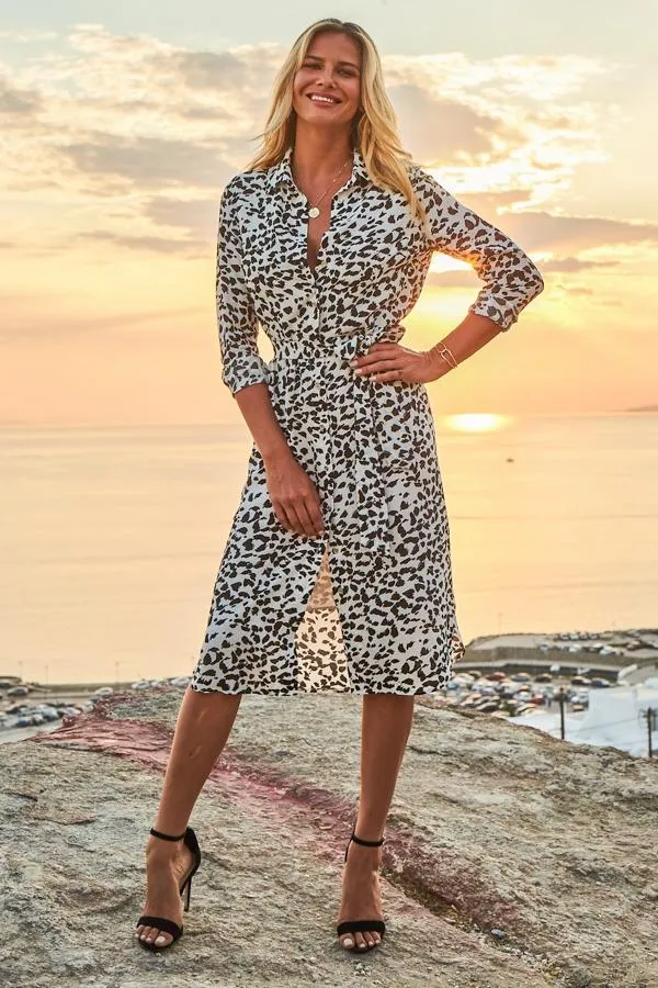 Sosandar Dresses Women White and Black Animal Print Midi Shirt Dress White Black Sosandar Dresses Women White and Black Animal Print Midi Shirt Dress White Black