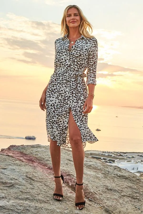 Sosandar Dresses Women White and Black Animal Print Midi Shirt Dress White Black