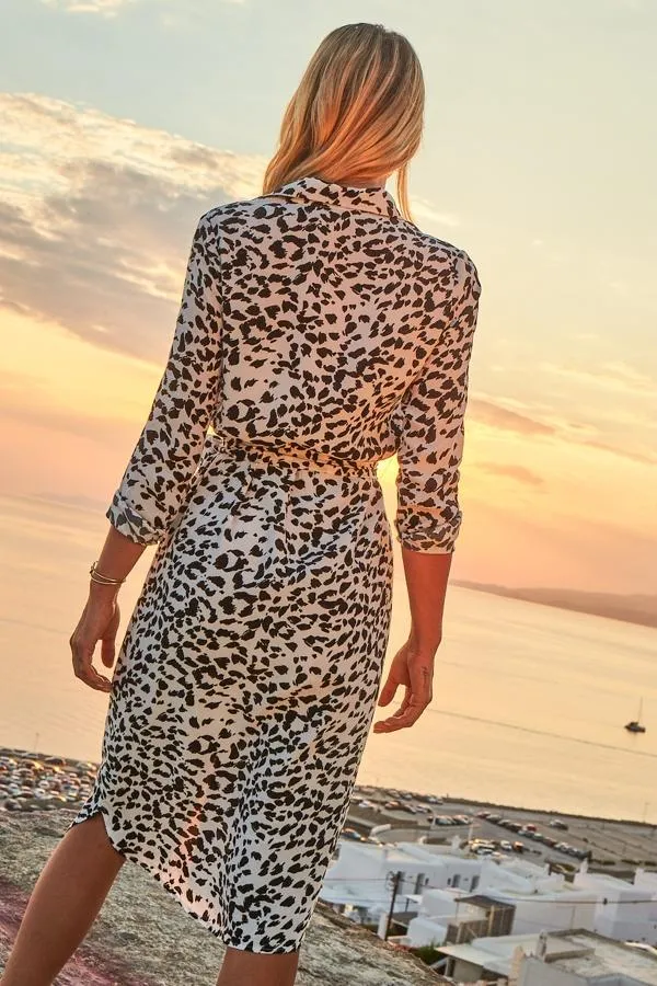 Sosandar Dresses Women White and Black Animal Print Midi Shirt Dress White Black