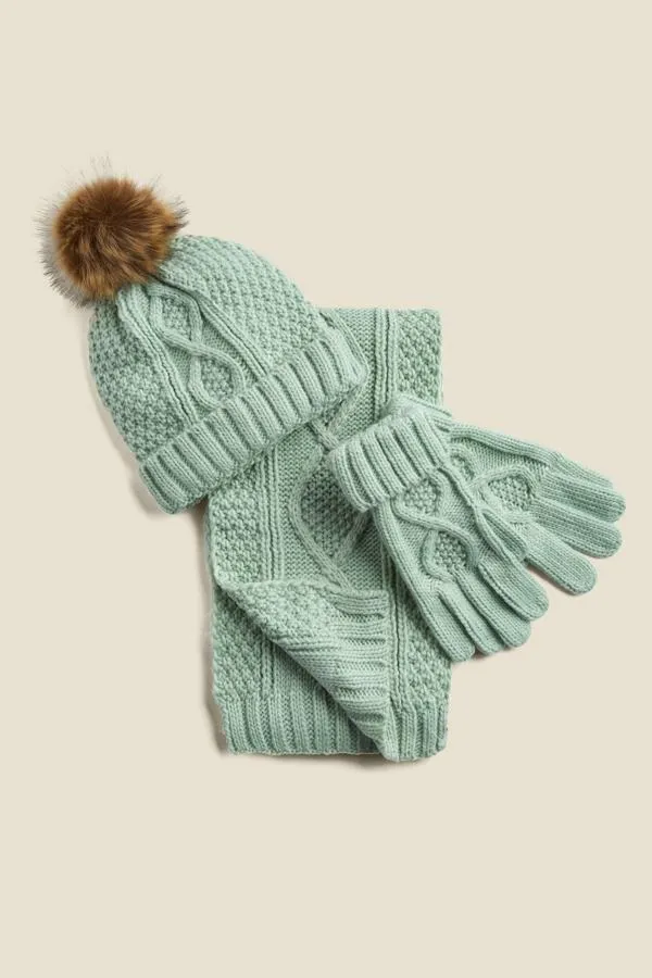 Sosandar Hats Scarves and Gloves Women Kelly Mint Green Cable Knit Gloves Green