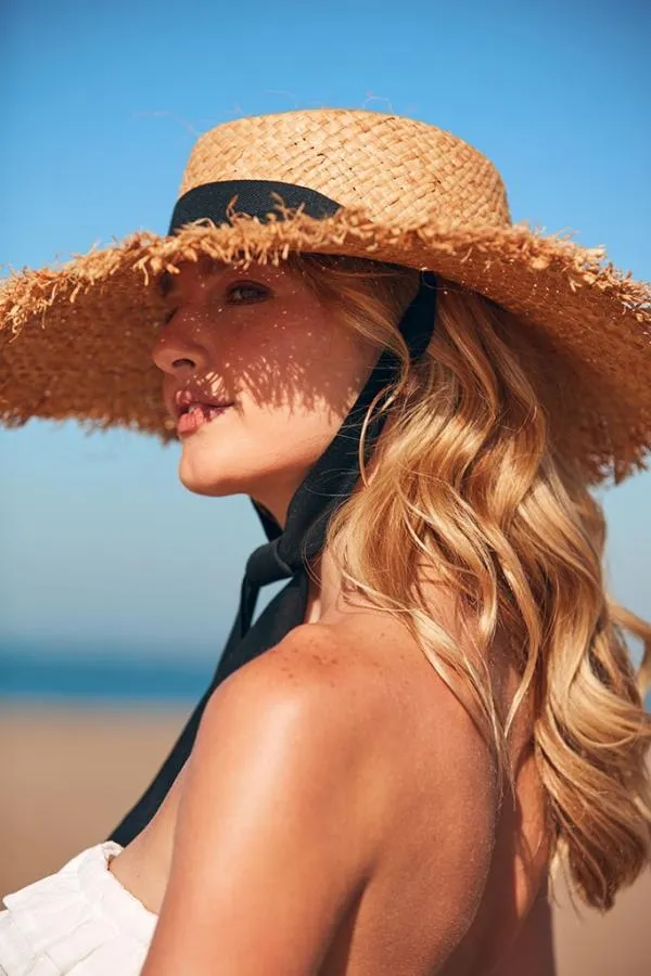 Sosandar Hats Scarves and Gloves Women Natural Straw Boater Hat With Black Tie Black