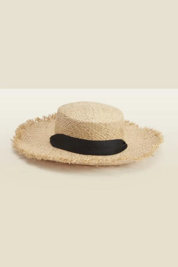 Sosandar Hats Scarves and Gloves Women Natural Straw Boater Hat With Black Tie Black
