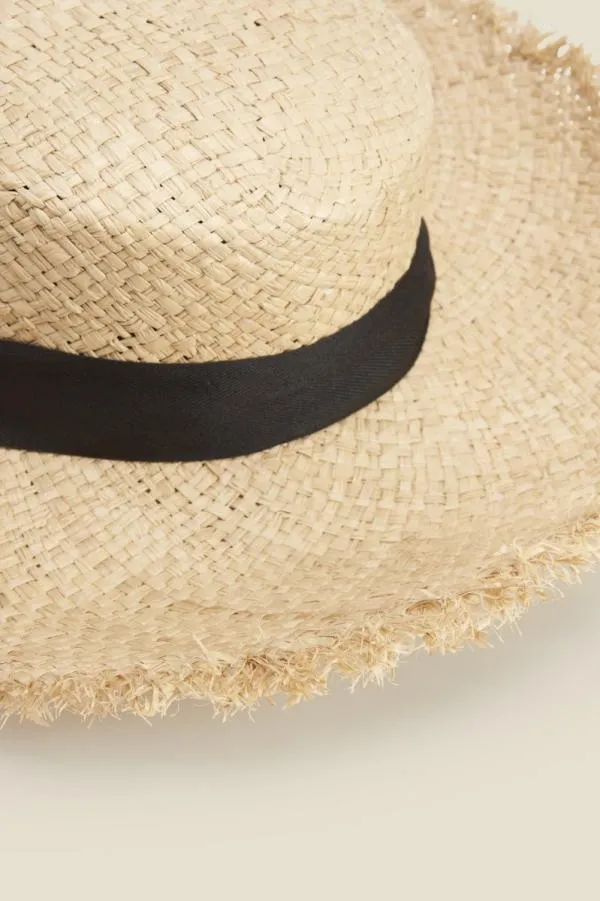 Sosandar Hats Scarves and Gloves Women Natural Straw Boater Hat With Black Tie Black