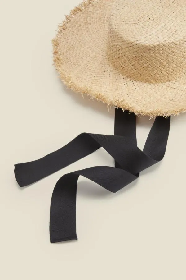 Sosandar Hats Scarves and Gloves Women Natural Straw Boater Hat With Black Tie Black
