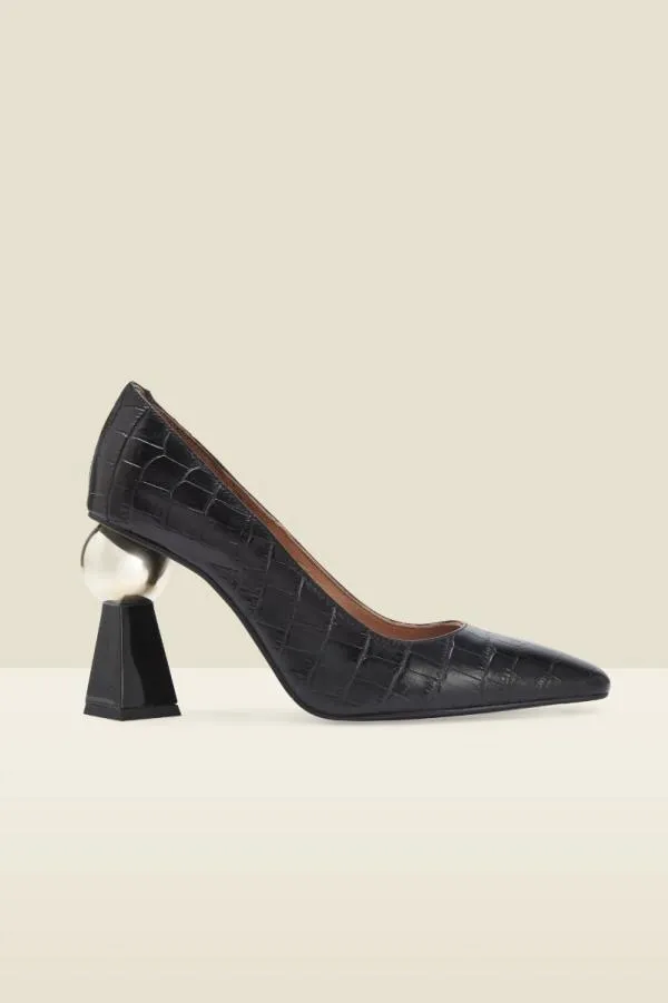 Sosandar Heels Women Coco Black Croc Leather Geometric Block Heel Court Shoe Black
