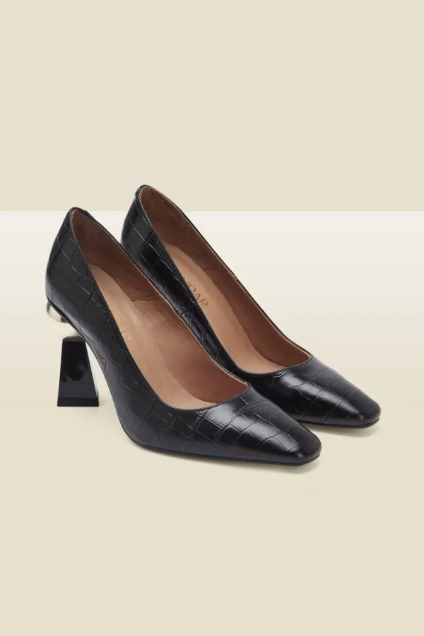 Sosandar Heels Women Coco Black Croc Leather Geometric Block Heel Court Shoe Black