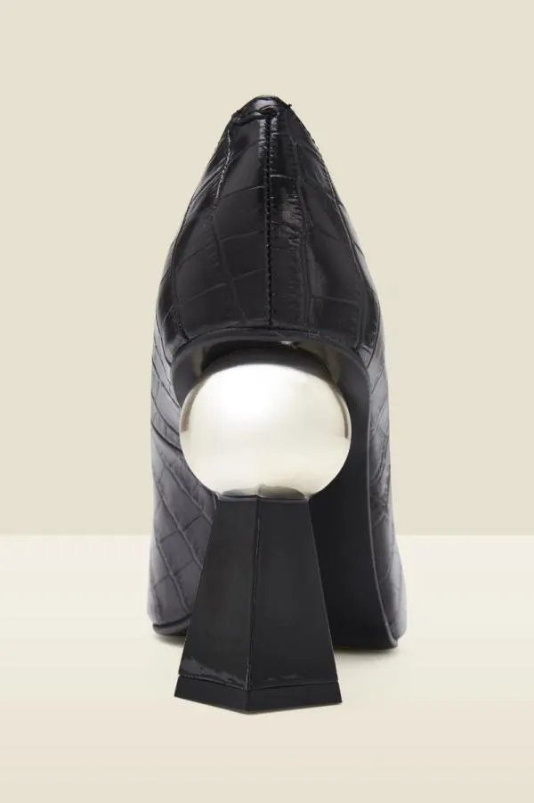 Sosandar Heels Women Coco Black Croc Leather Geometric Block Heel Court Shoe Black