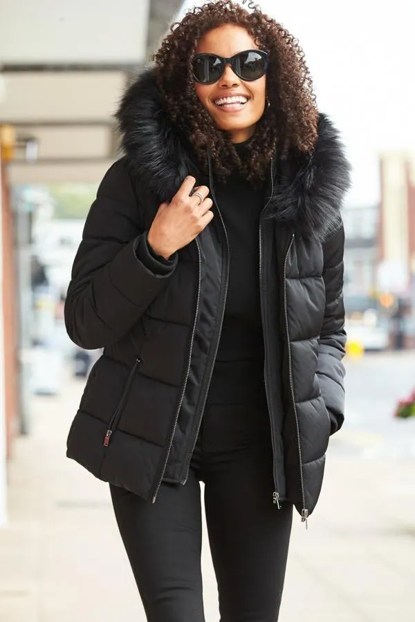 Sosandar Jackets and Coats Women Black Faux Fur Trim Luxe Padded Coat Black