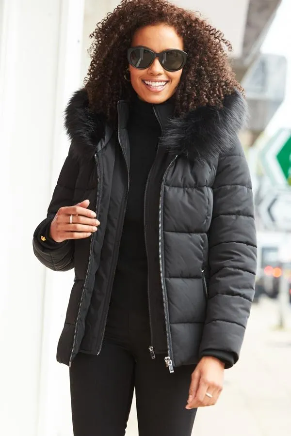 Sosandar Jackets and Coats Women Black Faux Fur Trim Luxe Padded Coat Black