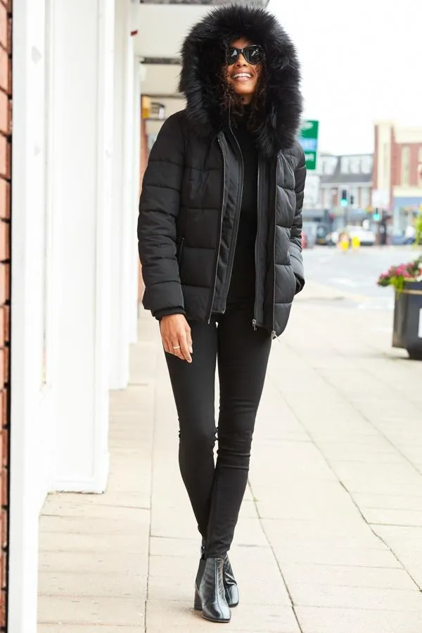 Sosandar Jackets and Coats Women Black Faux Fur Trim Luxe Padded Coat Black