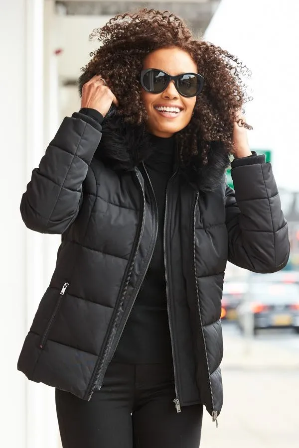 Sosandar Jackets and Coats Women Black Faux Fur Trim Luxe Padded Coat Black