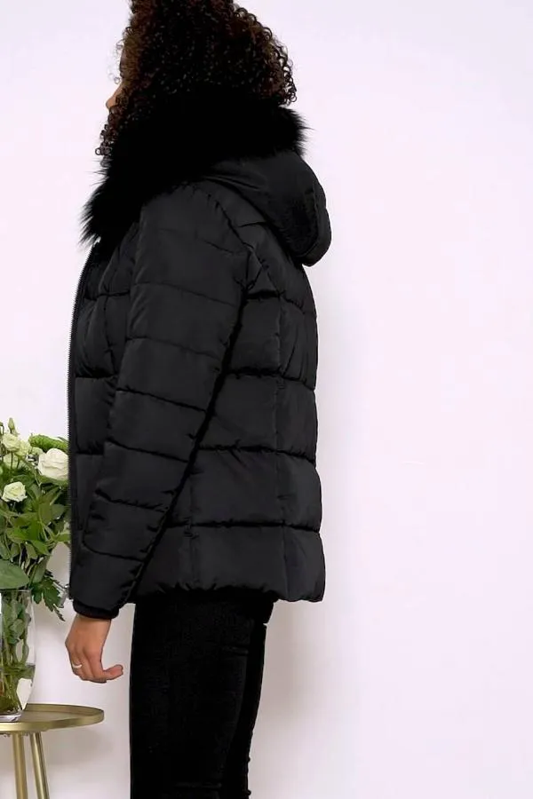 Sosandar Jackets and Coats Women Black Faux Fur Trim Luxe Padded Coat Black