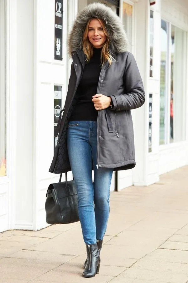 Sosandar Jackets and Coats Women Grey Luxe Faux Fur Hooded Parka Coat Grey