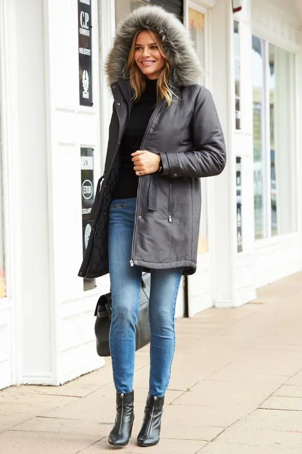 Sosandar Jackets and Coats Women Grey Luxe Faux Fur Hooded Parka Coat Grey