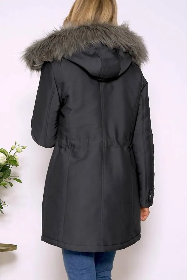 Sosandar Jackets and Coats Women Grey Luxe Faux Fur Hooded Parka Coat Grey