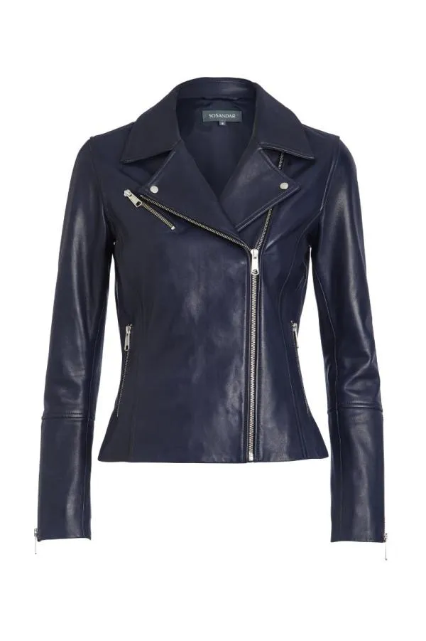 Sosandar Jackets and Coats Women Navy Blue Leather Biker Jacket Navy Blue